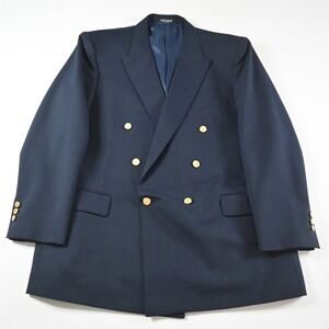 Vtg Mens Double Breasted 48L Navy Hopsack Gold Button Blazer Jacket Sport Coat